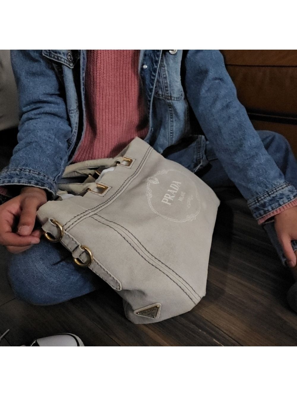 Prada Denim Canvas Tote Bag Large Satchel Grey Crossbody Adjustable Strap